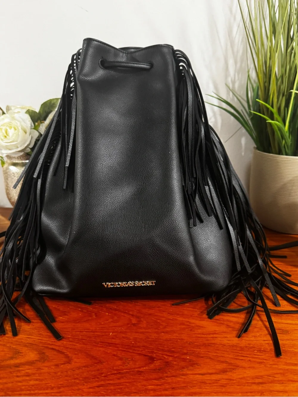 Victoria's Secret Black Fringe Drawstring Backpack
